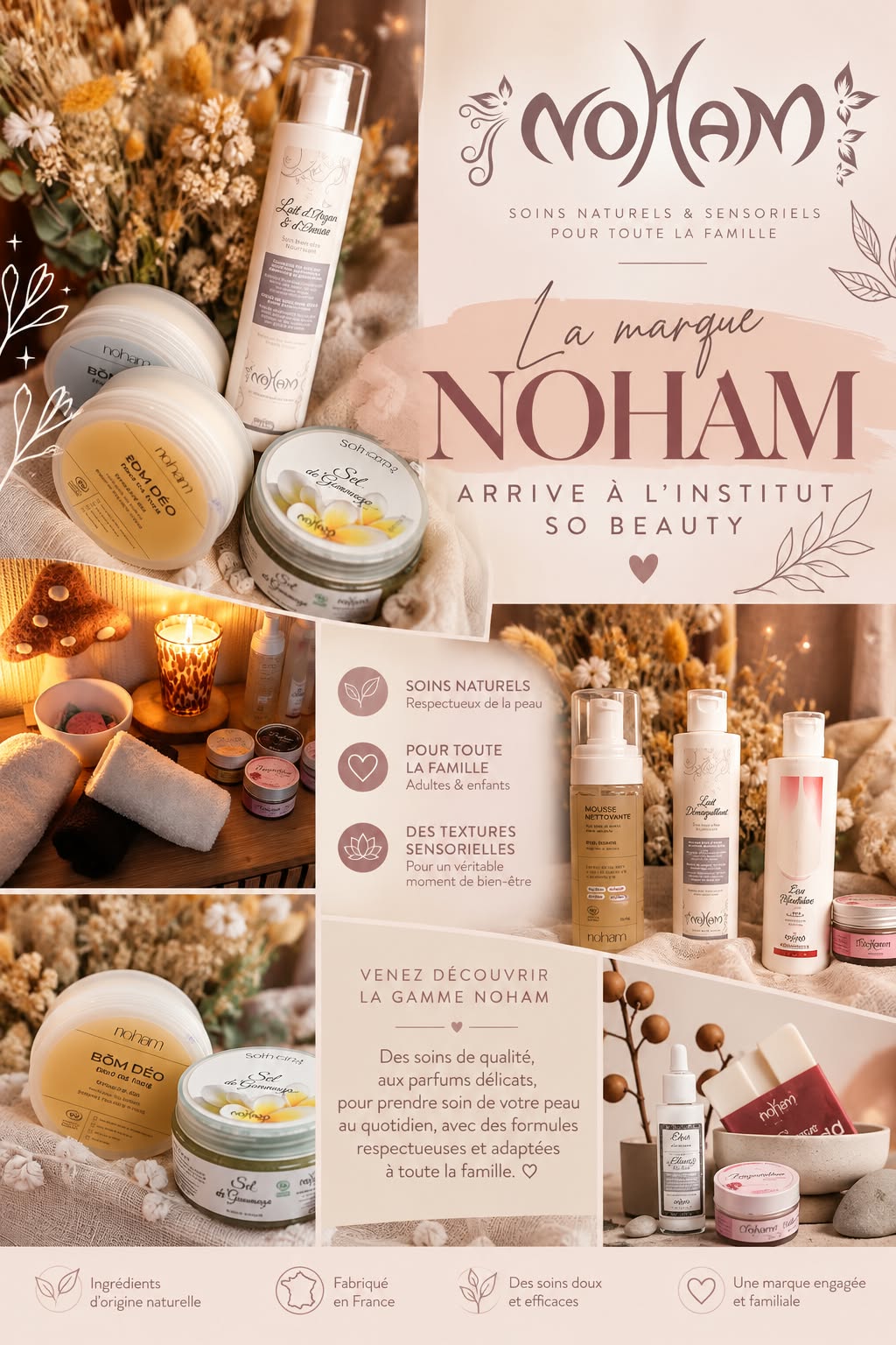 Produits de soin, fleurs séchées et bougies utilisés pour les rituels visage